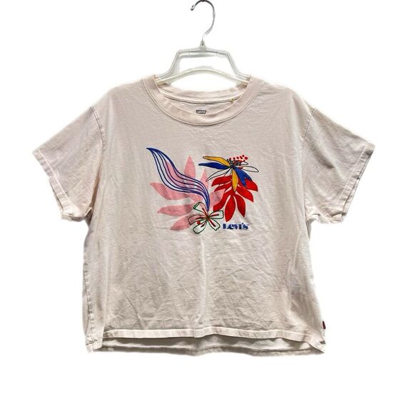 Levi’s Women Graphic T-Shirt Beige Short Sleeve Medium Crop Crew Neck Logo Relax - Picture 1 of 9